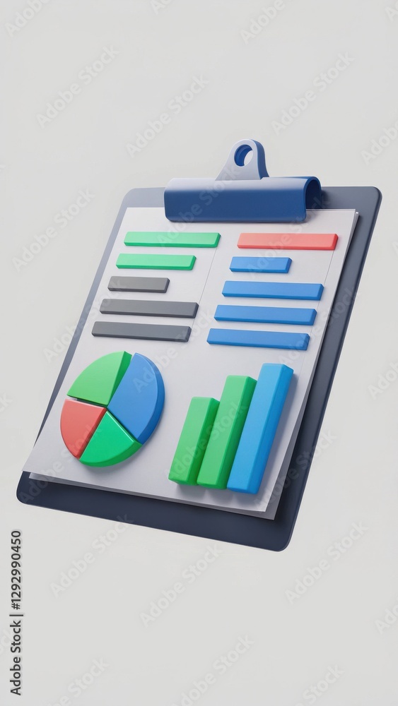 Poster colorful 3d graphs and charts on clipboard representing data analysis and statistics