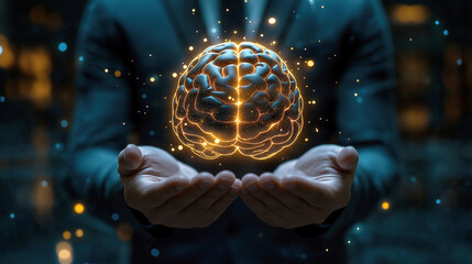 A businessman in a sleek suit holding a glowing, glass-like brain in his hands. The brain emits a soft neon and golden light. Created with Generative AI.