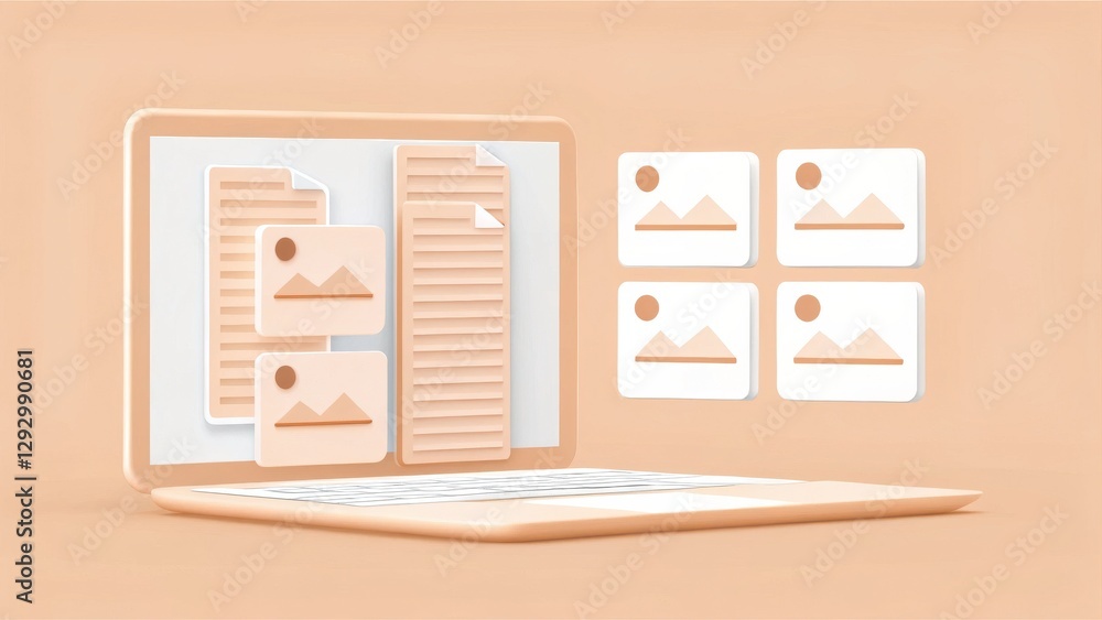 Poster Digital Workspace with Documents and Images on Computer Screen in Soft Neutral Tones