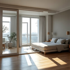 Obraz premium Modern Bedroom Bathed in Natural Sunlight with Elegant Furnishings and Serene Atmosphere in a Spacious Setting