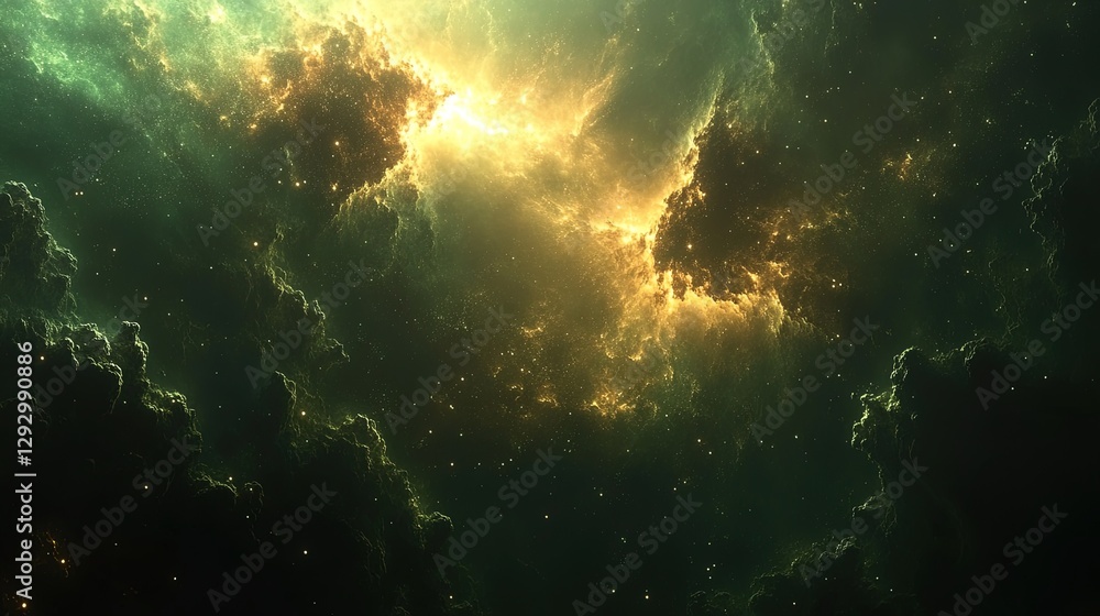 Poster expansive galaxy with nebula clouds and stars in green and gold, creating a mystical atmosphere