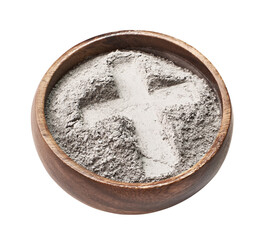 Bowl with ashes with cross print cut out on transparent background. Ash Wednesday