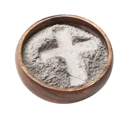 Bowl with ashes with cross print cut out on transparent background. Ash Wednesday