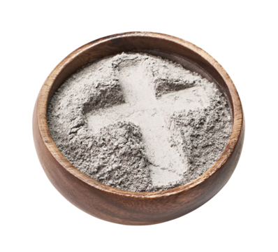 Bowl with ashes with cross print cut out on transparent background. Ash Wednesday
