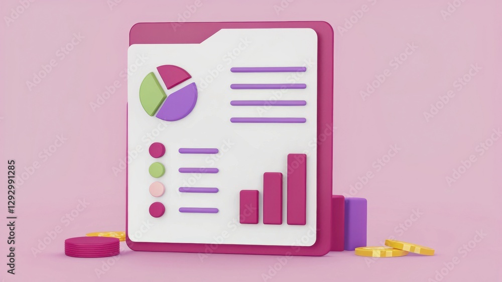 Poster colorful data report with graphs and charts on pink background for creative presentation