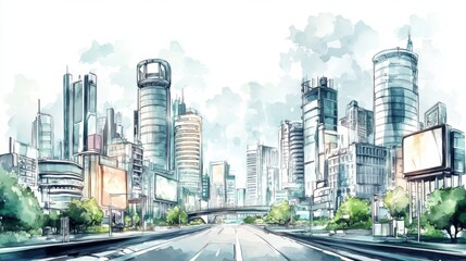 Fototapeta premium A stunning watercolor illustration of a modern city skyline with skyscrapers, green trees, and an expansive road, showcasing urban beauty and design.