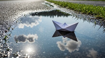 White Paper Boat Floating Calmly in Puddle against Cloudy Sky