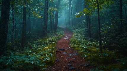Obraz premium Misty forest path winding through lush green trees.