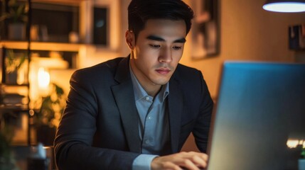Fototapeta premium Young Asian Businessman Focused on Work in Crisp Suit at Night