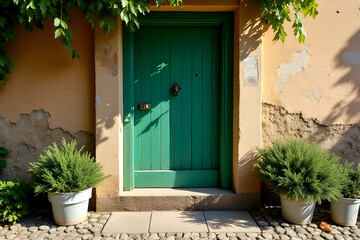 Fototapeta premium Charming Green Wooden Door Surrounded by Potted Plants in Rustic Wall Setting