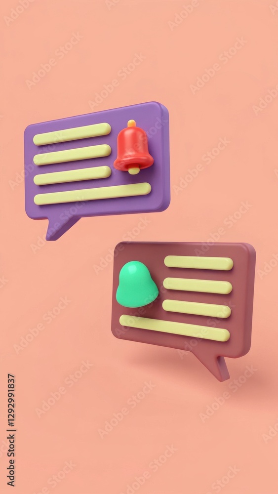 Poster colorful notification icons with bell symbol on soft orange background for messaging applications