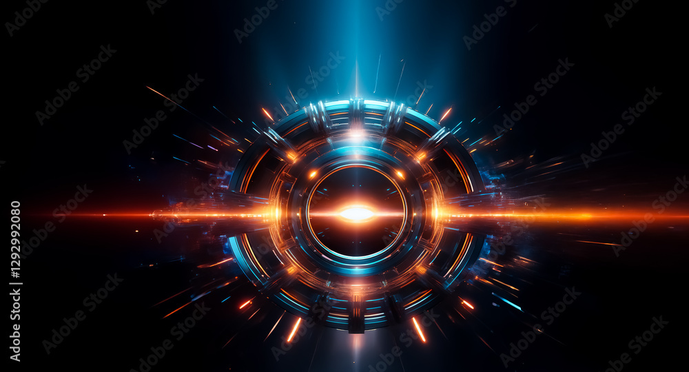 Poster a vibrant, glowing circular object in blue and orange radiates energy on a dark background, creating