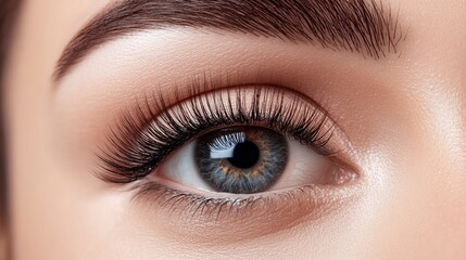 Obraz premium Close-up of a woman's eye with long lashes, soft light, blurred background, conveying quiet introspection.