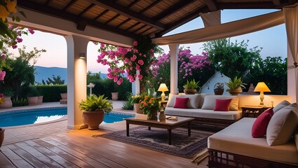Fototapeta premium A luxury hotel room with a pool, featuring elegant furniture and a stylish design, blending indoor comfort with an outdoor garden view and relaxing summer vibes by the beach