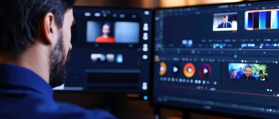 A video editor works on a dual-monitor setup, editing footage with various clips and effects visible on the screens.