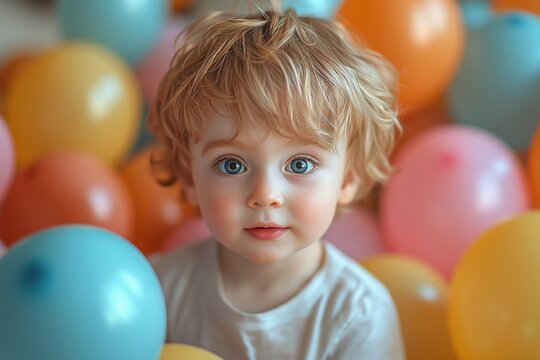 A young boy playing with colorful balloons at a birthday party
