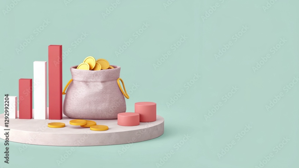 Poster modern financial growth visualization with coins and graphs on soft background
