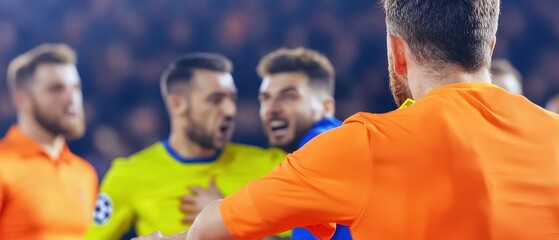 A tense moment in a soccer match, featuring players in vibrant uniforms engaging in a heated discussion amidst a lively crowd.