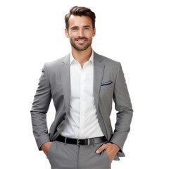 A man in a gray suit and white shirt. isolated on transparent background
