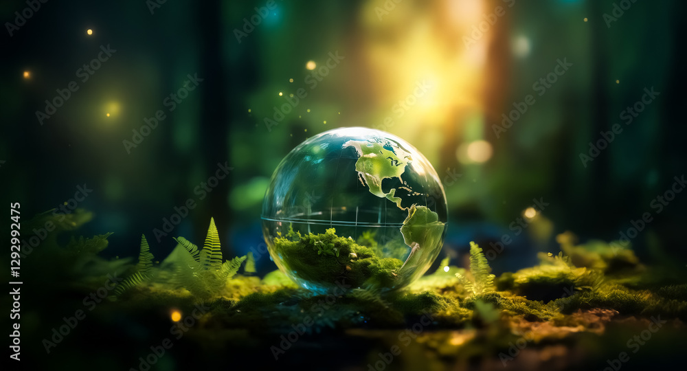 Poster A transparent earth globe rests on vibrant green moss in a softly lit forest.  Sparkling particles float around the globe, creating a magical and serene atmosphere in nature.