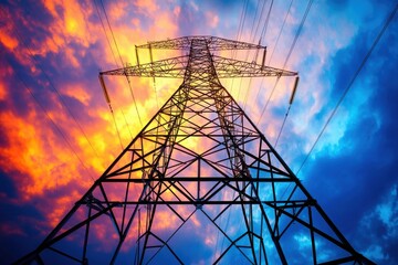 A dramatic view of a towering electricity pylon against a vibrant sunset, showcasing the blend of technology and nature in energy transmission.