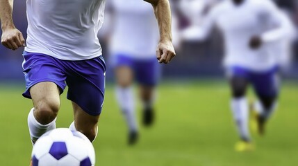 Obraz premium A focused soccer player dribbles a ball on the field, with teammates in the background, showcasing dynamic movement and athleticism.