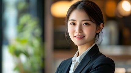 Young Asian Woman in Tailored Suit Smiling in Modern Office Setting