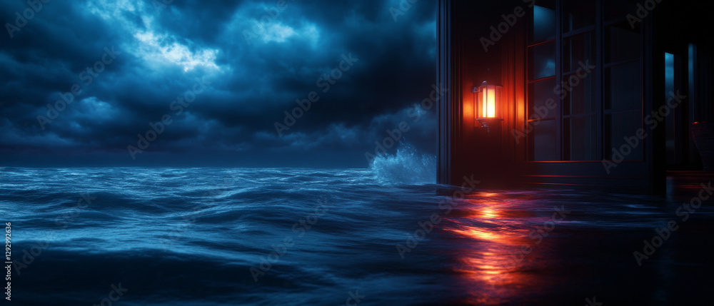 Poster mysterious scene featuring dimly lit lantern beside flooded area, with dark clouds looming overhead and waves gently lapping at structure