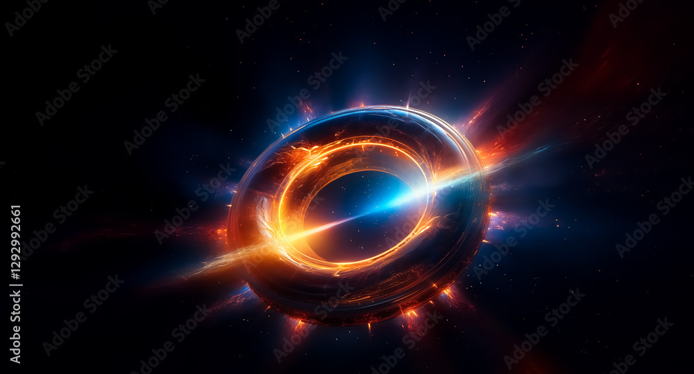 Aufkleber a luminous circular form emits bright orange and blue rays in deep space. a futuristic, sci-fi objec