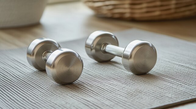 Dumbbells on a yoga mat, symbolizing focus and strength in fitness.