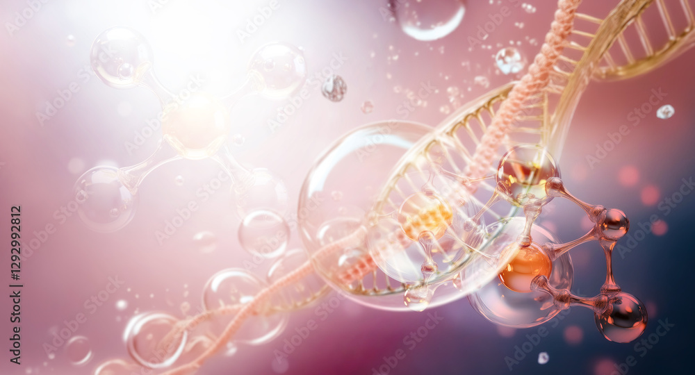 Poster abstract image of a translucent dna double helix with molecular forms and floating bubbles. soft lig