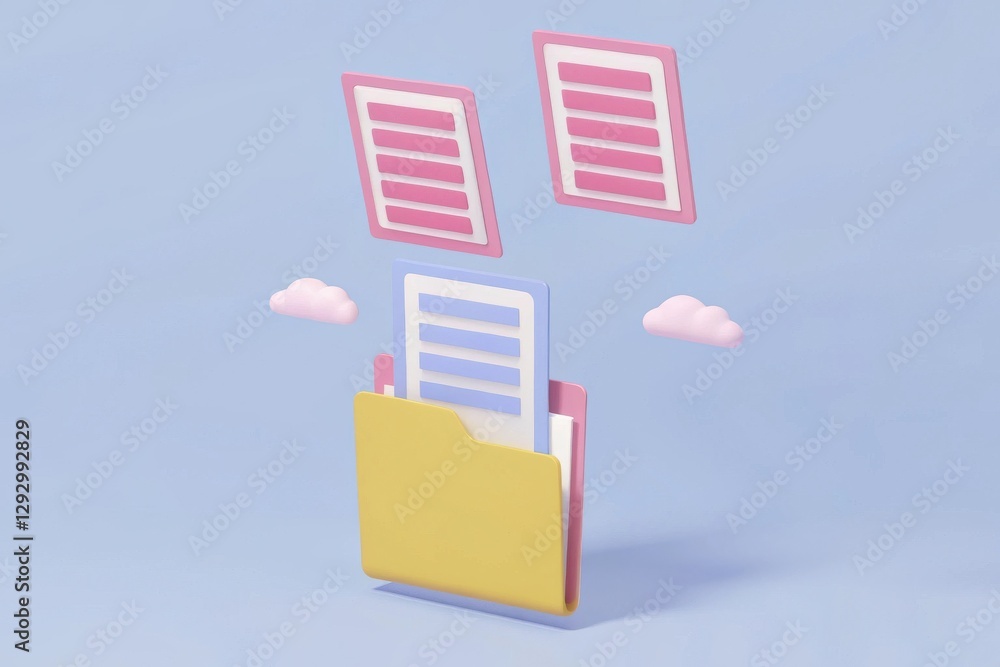 Poster colorful folder with documents floating against a soft blue background in a modern design style