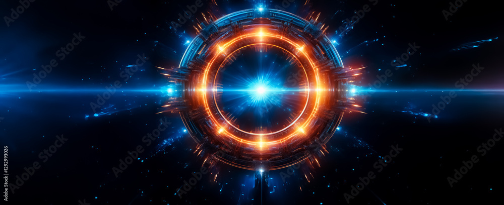 Poster a vibrant circular portal glows with orange and blue light in the dark space. it radiates energy wit