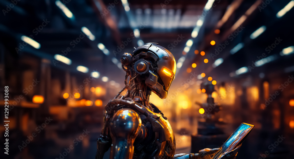 Poster metallic robot with glowing eyes in a blurred industrial factory. futuristic machine in a dark, auto