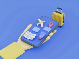 Obraz premium Smartphone in Hand with Travel Icons on Screen and Yellow Suitcase, Vacation Planning Concept