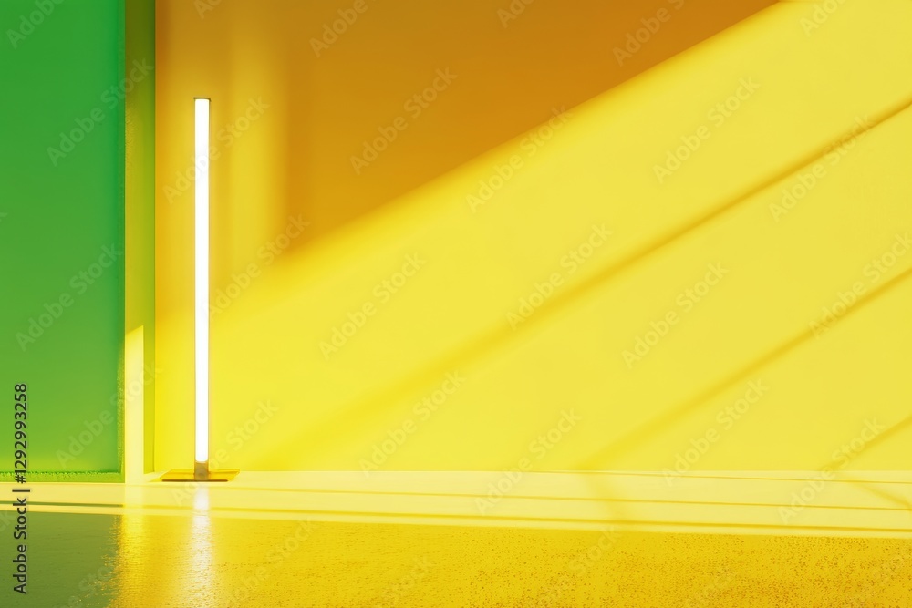 Poster the wall, painted gray and empty, features built-in lighting and is accompanied by a floor lamp, cre