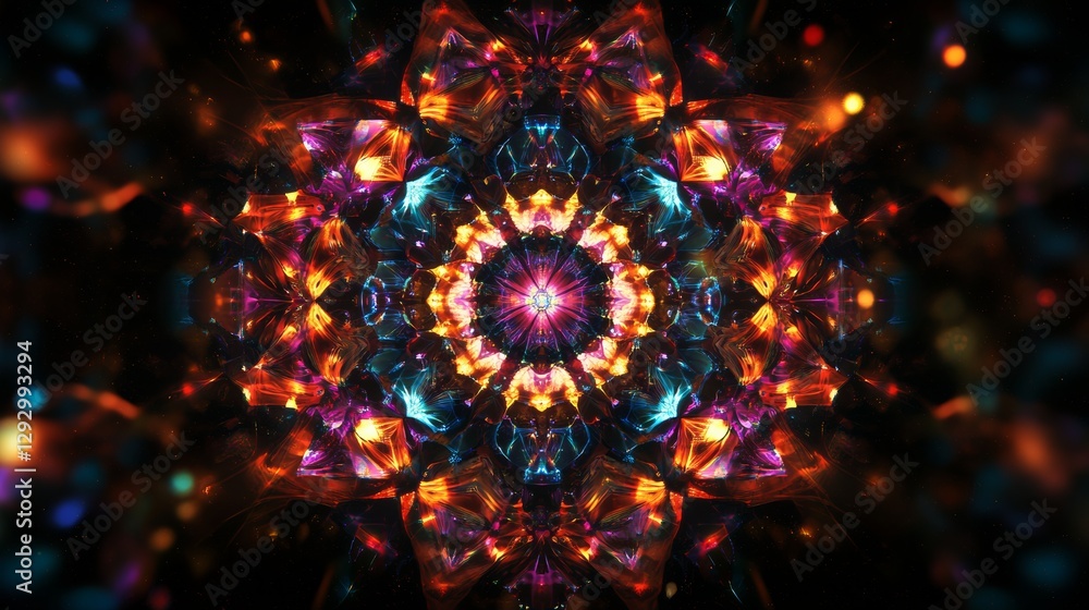 Poster Colorful fractal kaleidoscope with vibrant symmetrical patterns and glowing hues on a dark background. Abstract digital art and psychedelic design concept