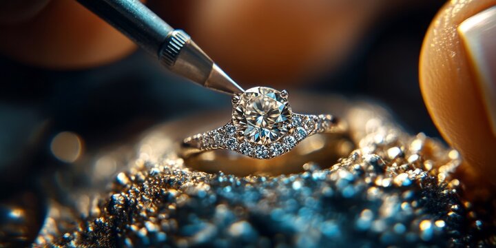Jeweler carefully placing diamond on gold ring setting with precision tool