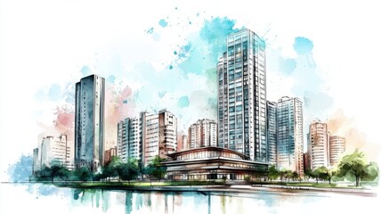 Fototapeta premium A vibrant watercolor illustration showcasing a modern city skyline with towering buildings and lush green surroundings, capturing urban life and culture.