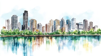 Fototapeta premium A vibrant watercolor painting of a city skyline reflecting on water, showcasing modern skyscrapers and lush greenery in a serene urban environment.