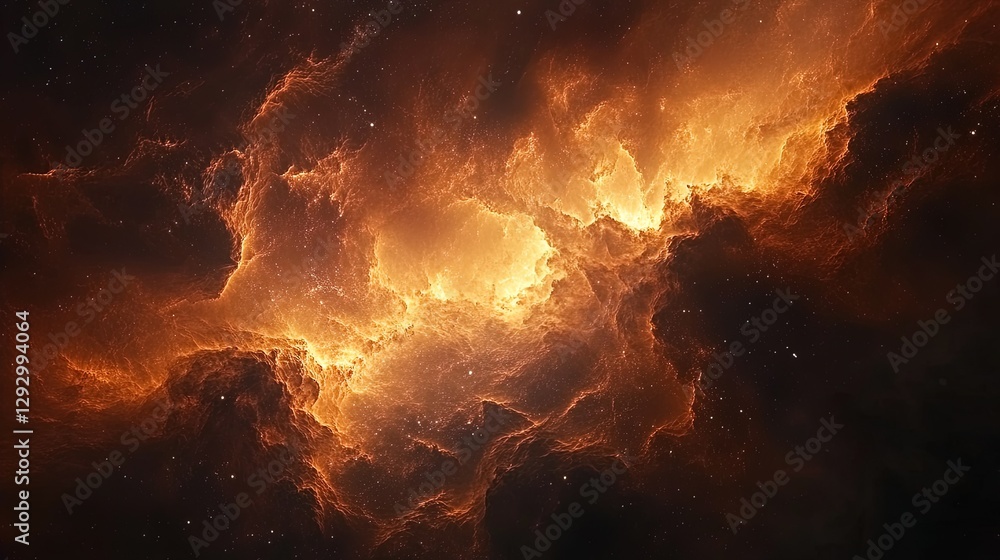 Poster cosmic scene of a massive nebula with intricate gas clouds, glimmers of light shining through