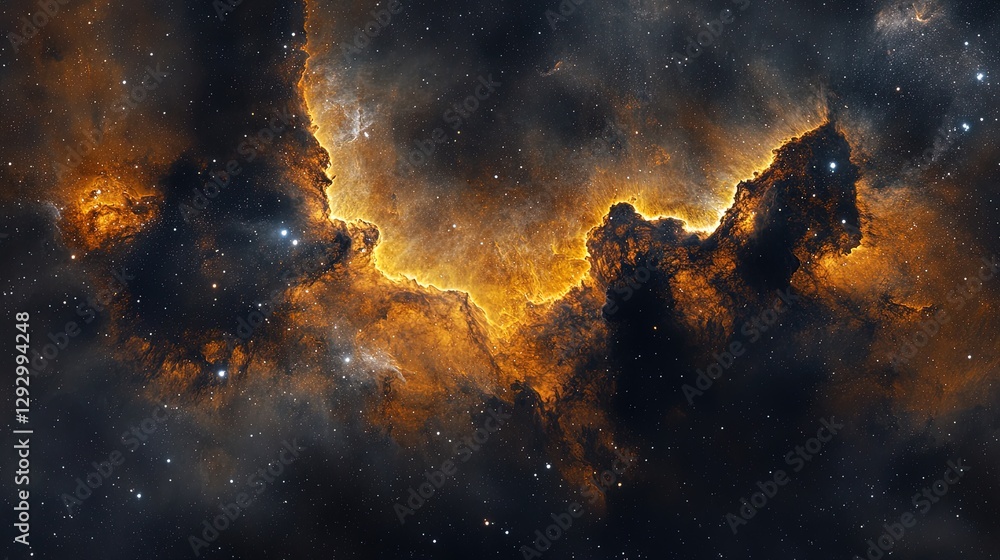Poster cosmic scene of a massive nebula with intricate gas clouds, glimmers of light shining through