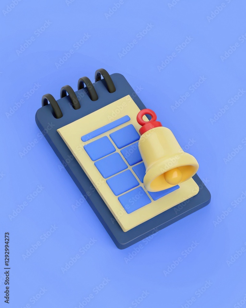 Poster colorful notepad with a notification bell on a solid background for task management and planning