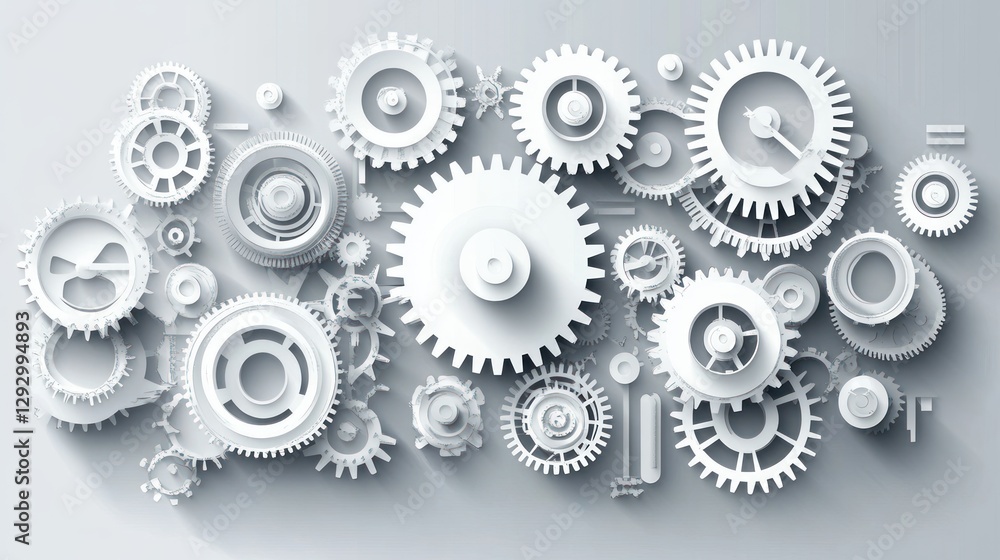 Poster white gears interlock on gray background; mechanism design