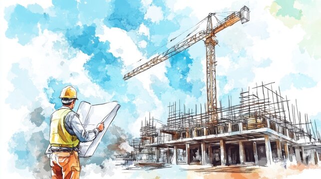 An architect examines blueprints at a construction site with a crane towering above, showcasing the dynamic world of modern building and development.