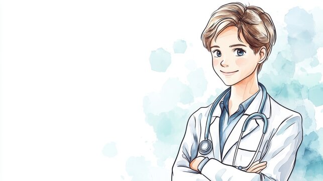 An illustration of a confident male doctor in a white coat, smiling and ready to help. Perfect for healthcare, medical, and wellness themes. - Powered by Adobe