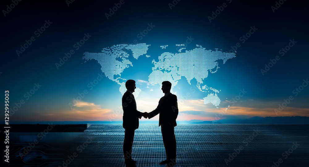 Aufkleber silhouetted figures shake hands before a digital world map and twilight sky. it represents global bu