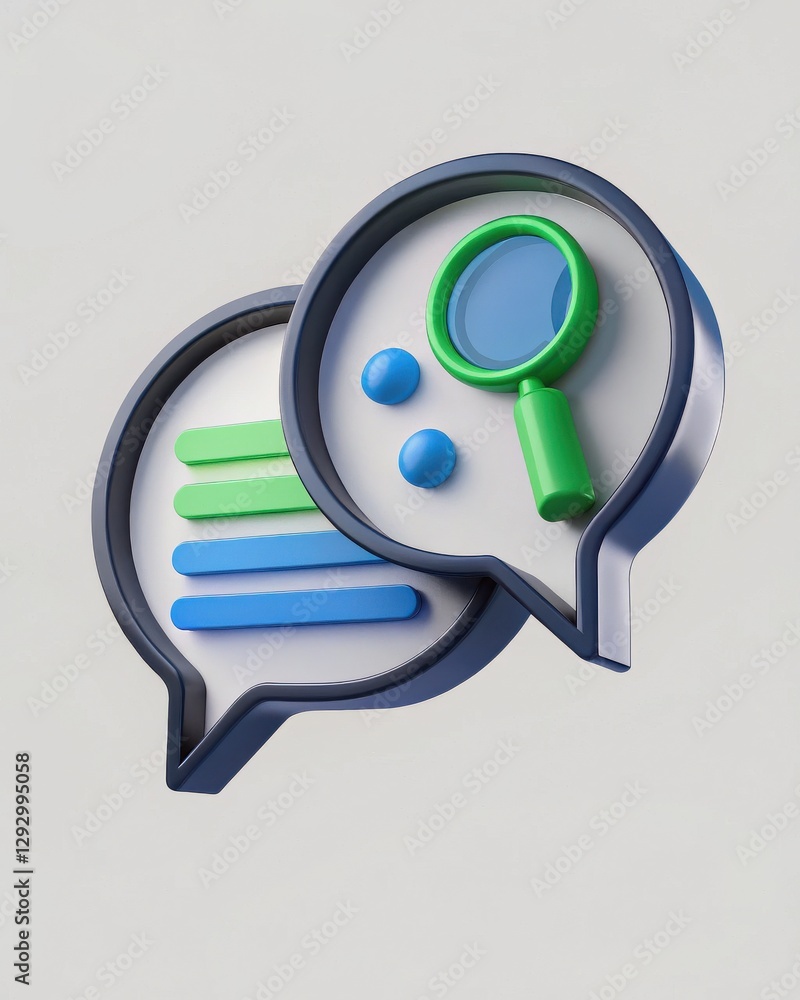 Poster three-dimensional speech bubbles with magnifying glass and colorful elements for communication conce