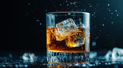 Refreshing whiskey cocktail with ice cubes splashing in a glass against a dark background