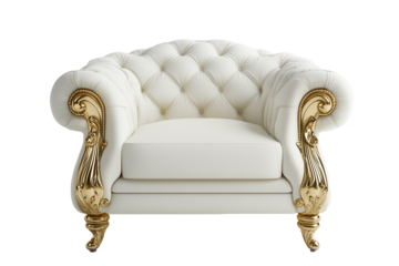 White velvet armchair with golden legs isolated on transparent background